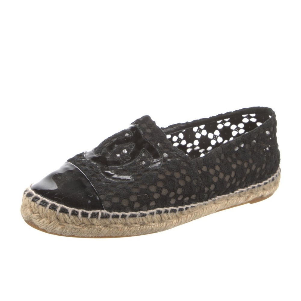 Chanel Interlocking CC Logo Black Lace Espadrilles - Picture 2 of 10